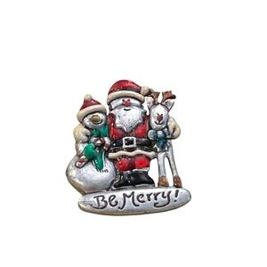 Vintage Signed AJMC Santa BE MERRY Christmas Metal & Enameled Brooch Pin Festive